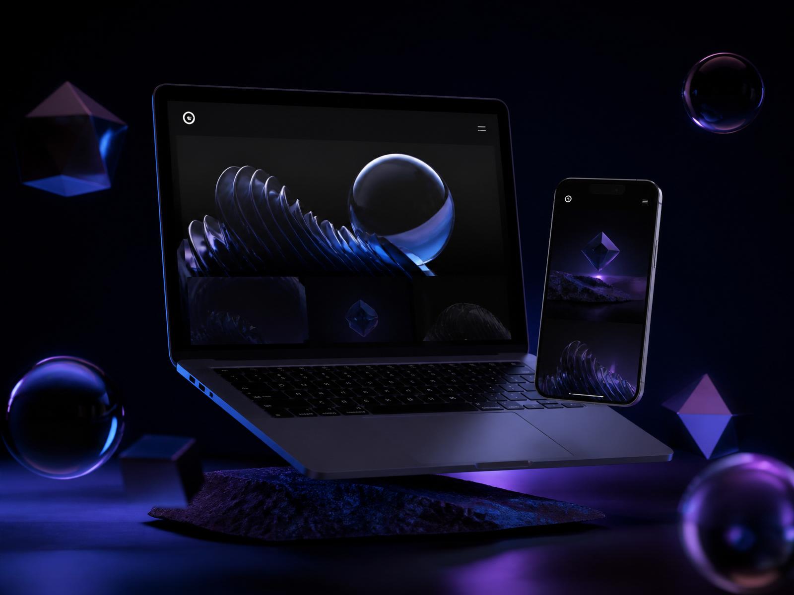 Premium website mockups on laptop and phone with glowing gradients